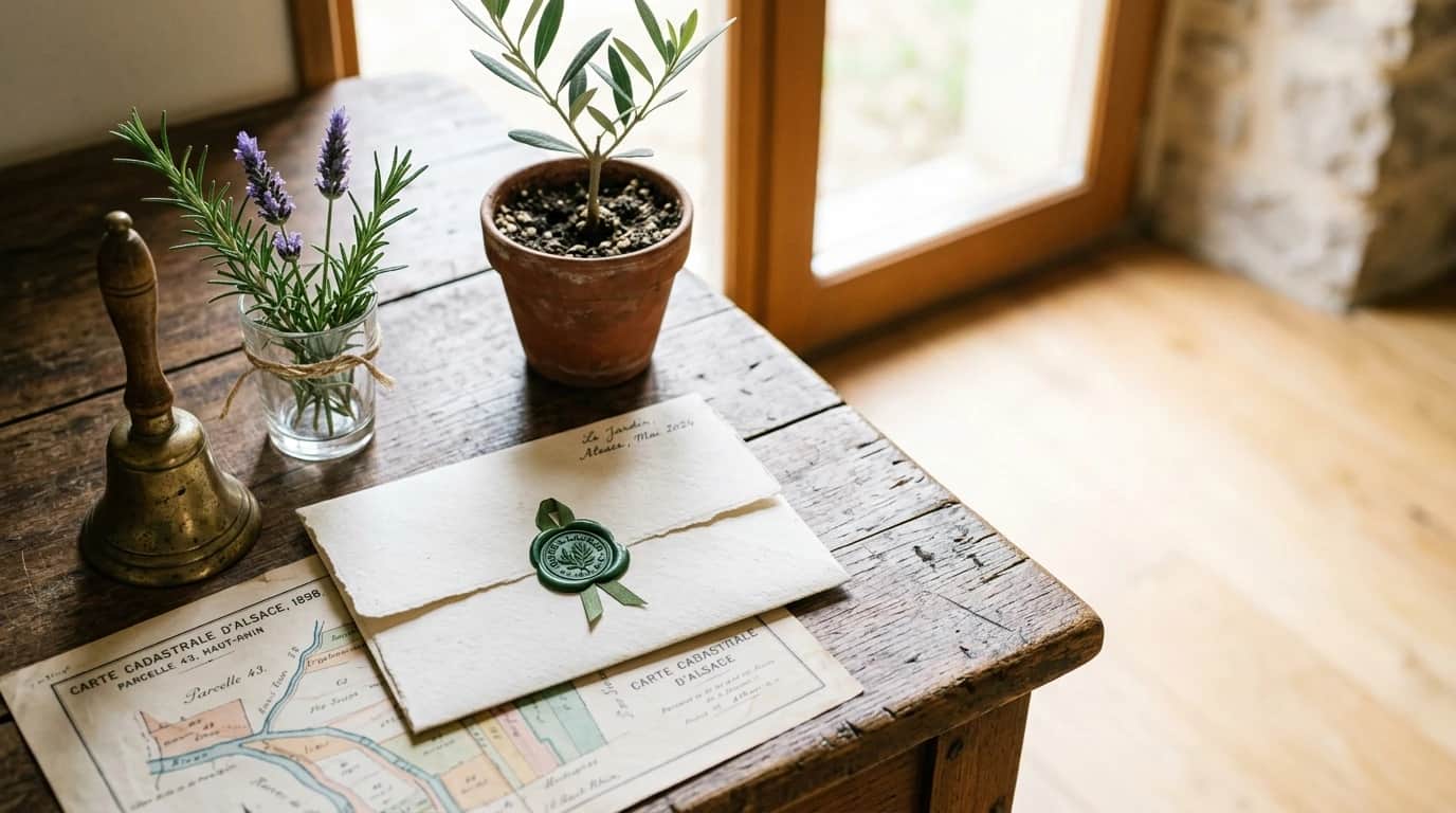 Plan de jardin, plante d'olivier en pot et clochette en laiton sur un bureau en bois ancien