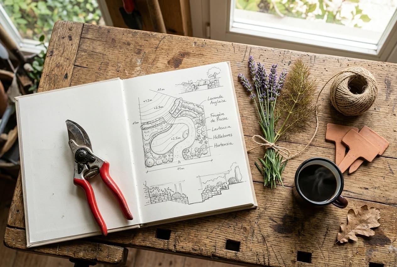 Établi de paysagiste avec carnet de croquis, sécateur Felco et brins de lavande