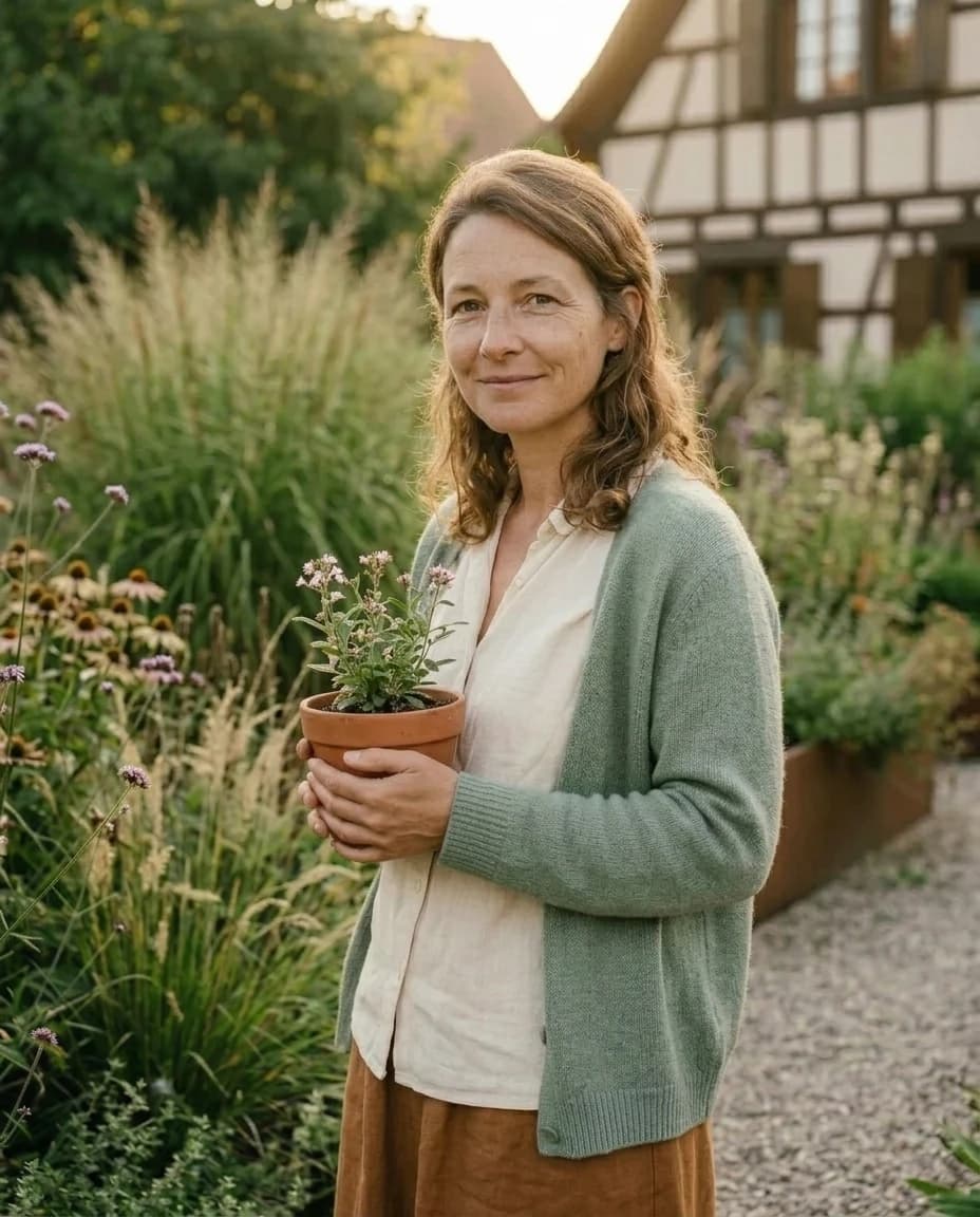 Portrait d'Anaïs Wagner, botaniste responsable de l'entretien, tenant une jeune vivace en pot