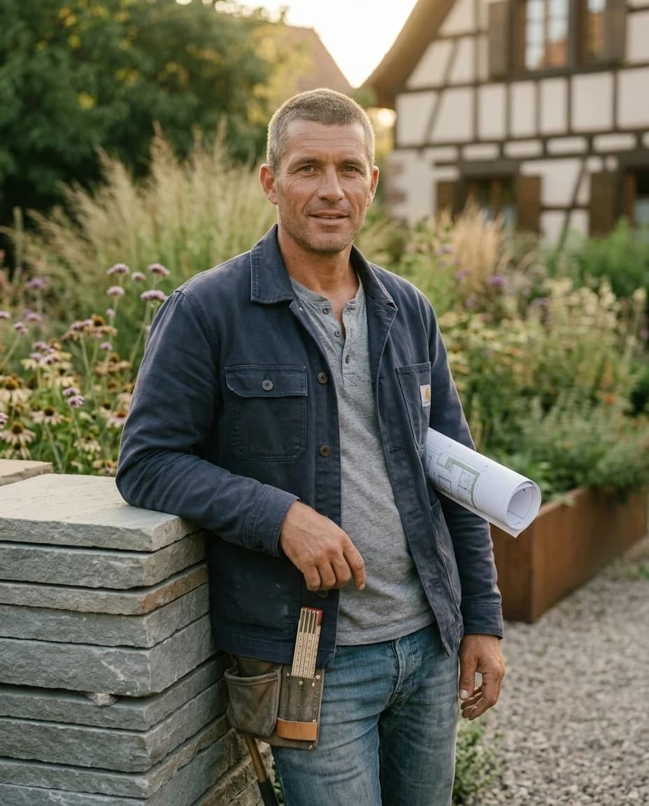 Portrait de Mathieu Lehmann, chef d'équipe travaux, sur un chantier paysager
