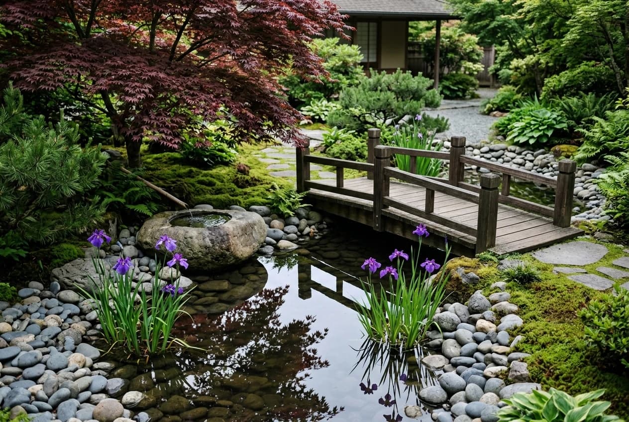 Bassin japonisant et passerelle