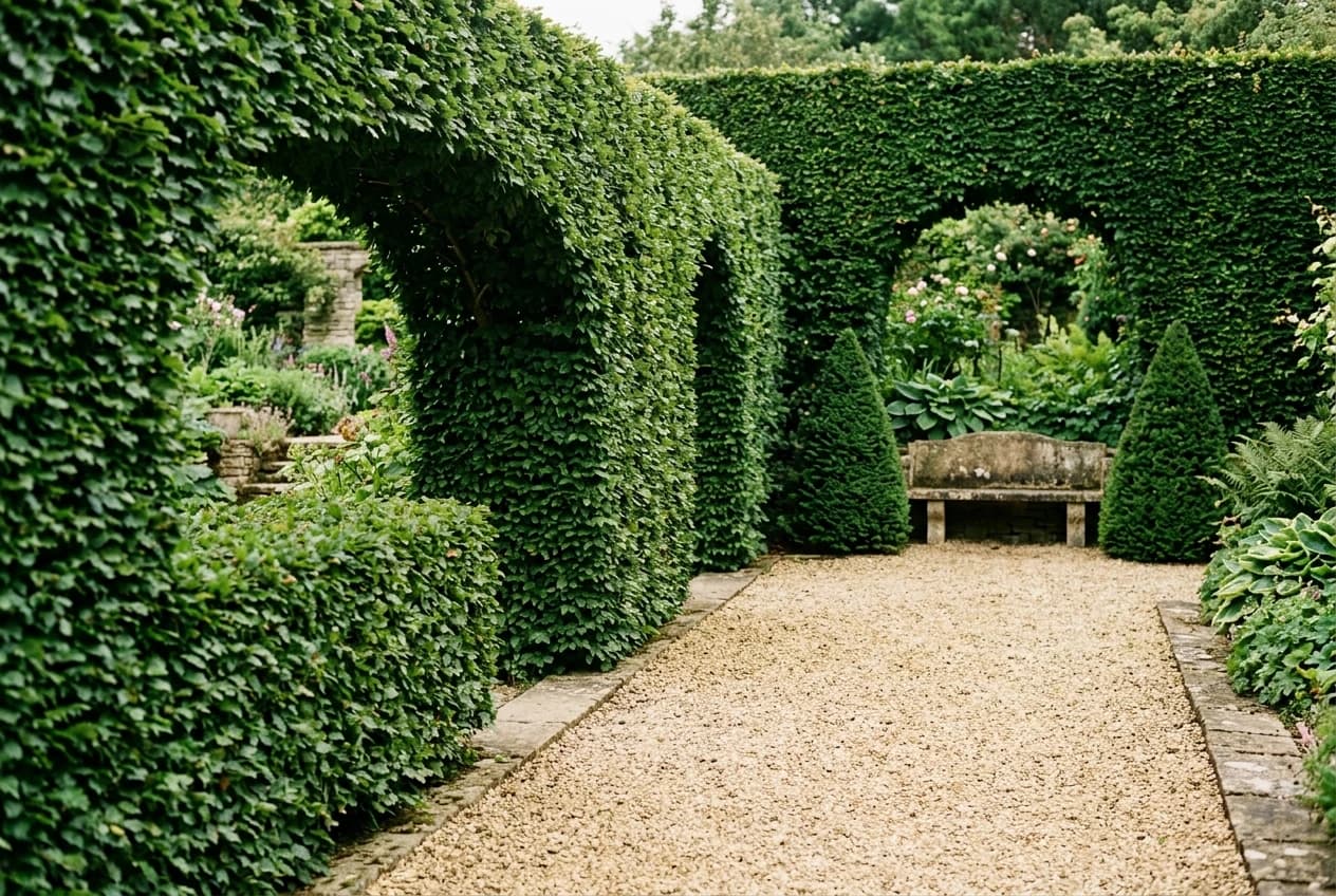 Allée de topiaires et chambres de jardin