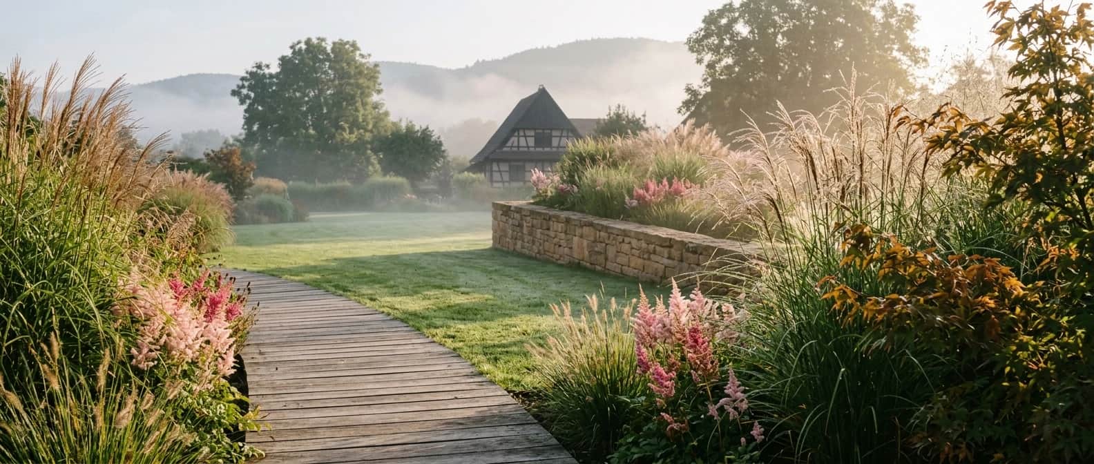 Jardin alsacien au petit matin avec graminées et maison à colombages en arrière-plan