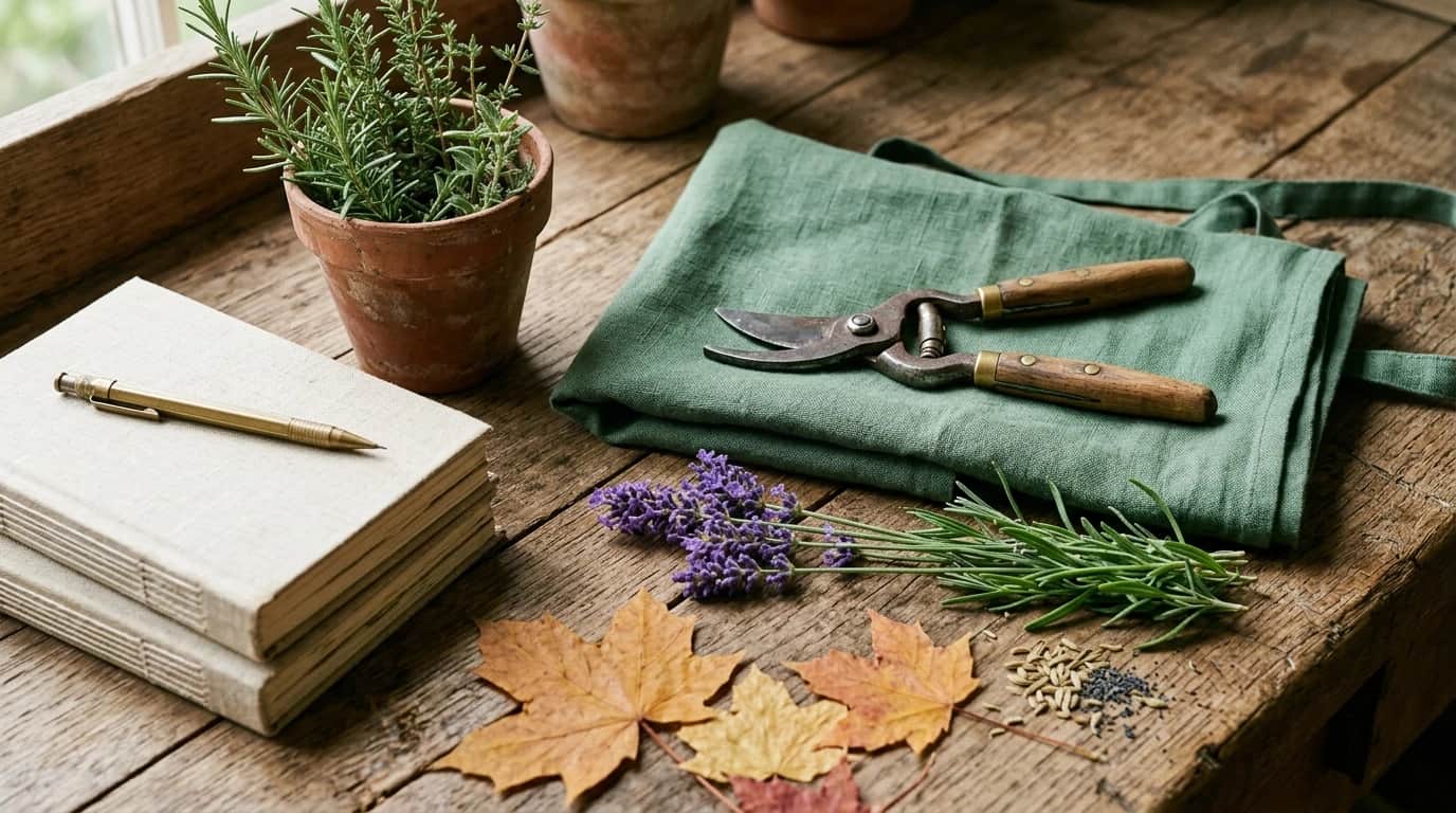 Établi de paysagiste avec sécateurs, lavande, feuilles d'érable et carnets botaniques