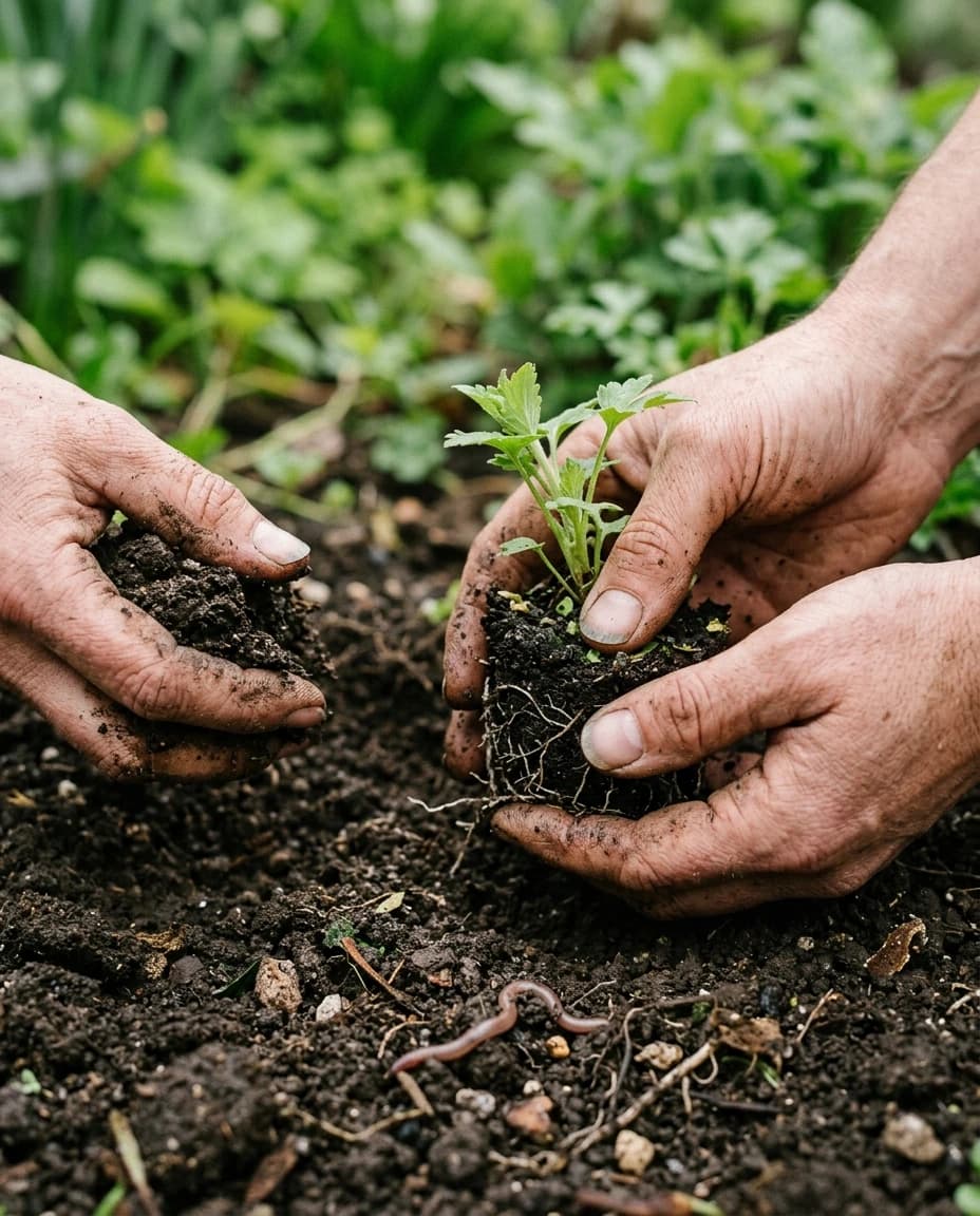 Mains de paysagiste plantant une jeune vivace dans une terre fraîche